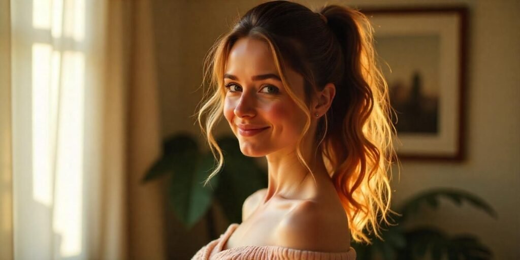 "Realistic photo of a woman with a Flashdance-inspired ponytail, wearing an off-shoulder sweater, in a romantic setting."








