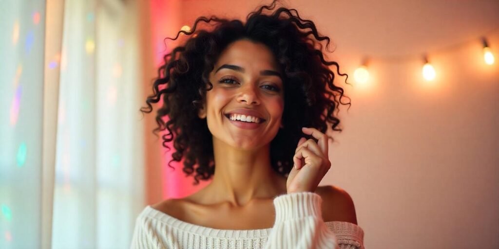"Flashdance hairstyle for curly hair, showing defined curls with extra volume and a romantic background."








