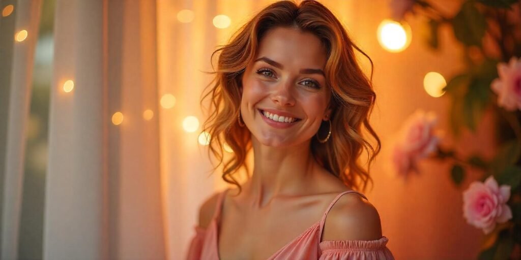 Flashdance hairstyle with curls for straight or fine hair, styled for volume and lift, in a romantic setting