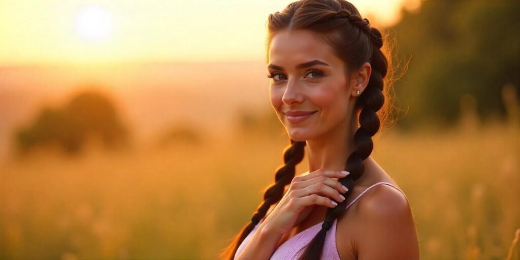 Realistic image of a woman with long, dark textured hair styled in big plaits, wearing a soft pastel-colored dress in a romantic outdoor setting.