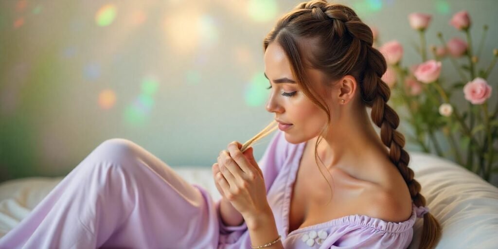 Beautiful woman with textured hair styled in big plaits, wearing a pastel lavender dress in a romantic nature setting,
