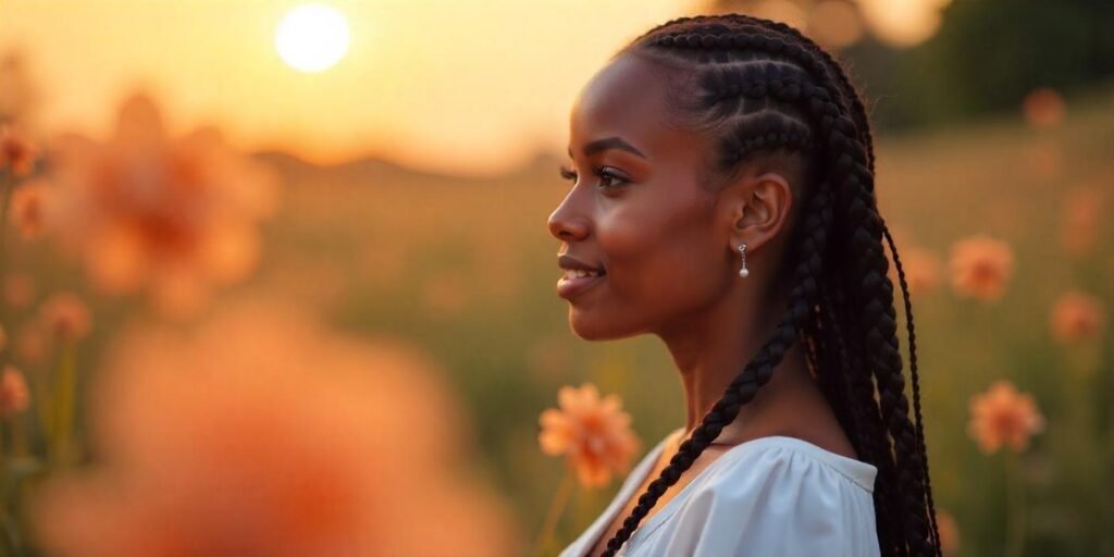 Beautiful woman with medium-length box braids in a white dress, standing outdoors with a romantic background