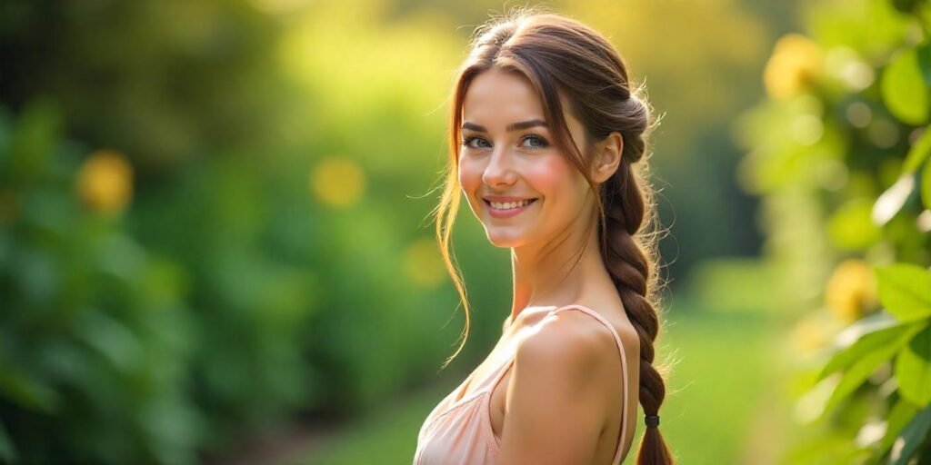 Realistic image of a woman with French braids in a romantic garden, wearing a soft pastel dress and standing under gentle sunlight,