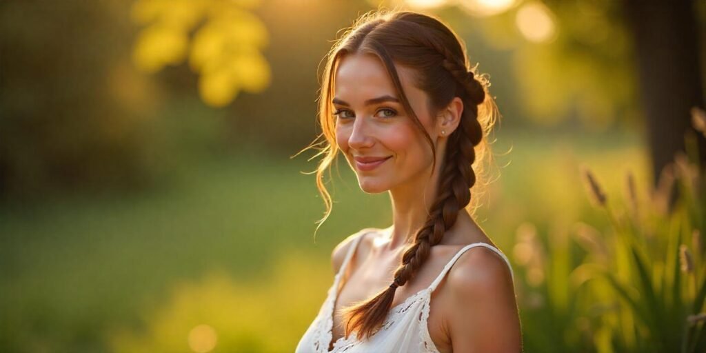 Close-up of a woman with Dutch braids, wearing a white lace dress, standing outdoors with a romantic and dreamy background, showcasing a bold and structured hairstyle
