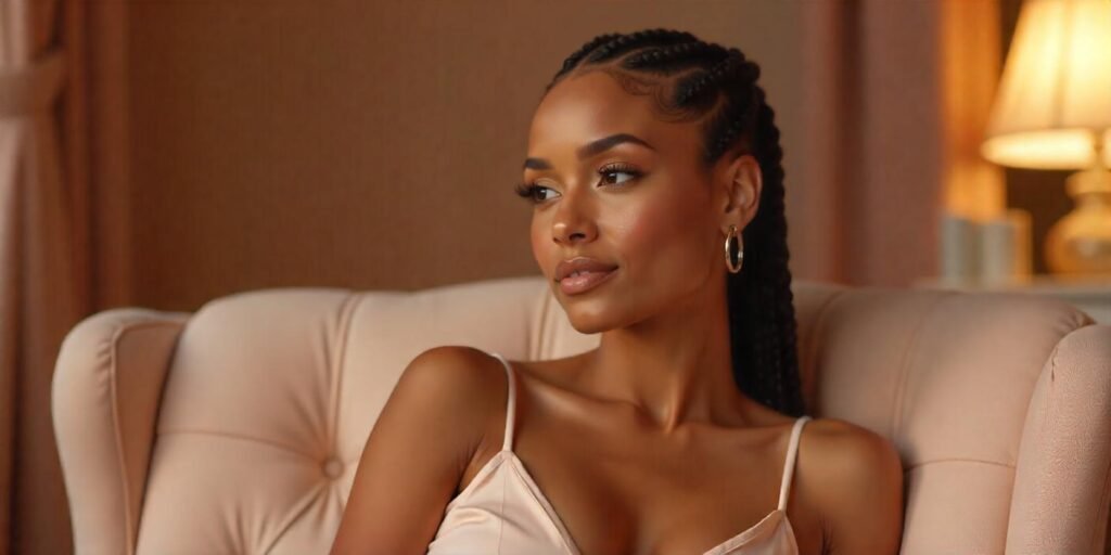 Realistic image of a woman with sleek, tight cornrows styled in a curved pattern along her scalp, wearing a light pink romantic dress, sitting in a cozy, romantic environment with soft lighting.
