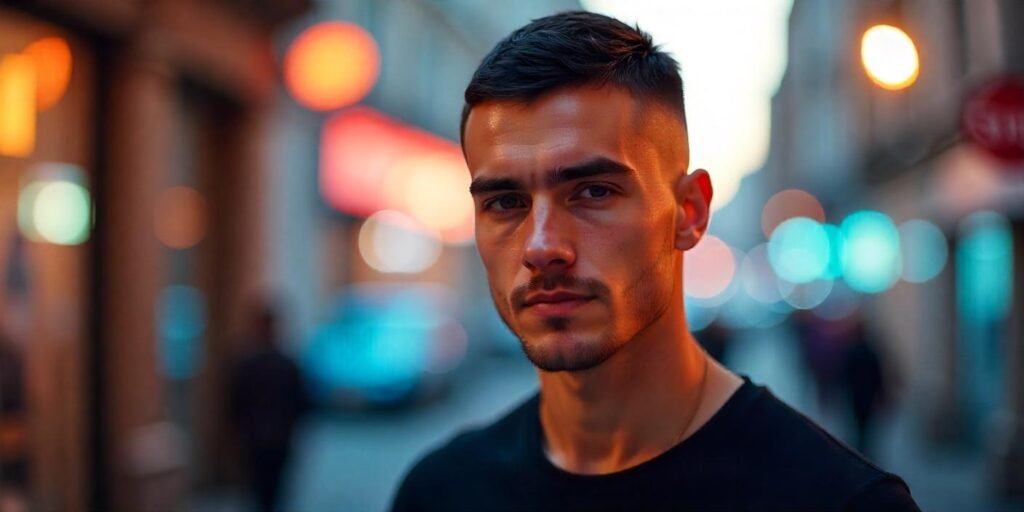 Realistic image of a man with modern buzz cut fade hairstyle, featuring clean line-ups and a romantic background