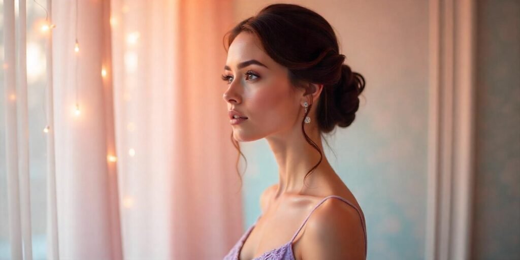 Elegant twist with bouffant hairstyle in a lavender evening gown against a romantic background.