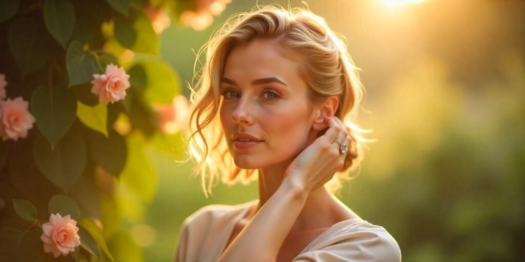 Realistic photo of a woman with a short, twisted hairstyle, looking relaxed in a romantic setting