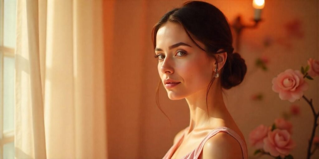 Low-hanging twist hairstyle with bouffant, soft pastel dress, romantic background, and loose framing strands