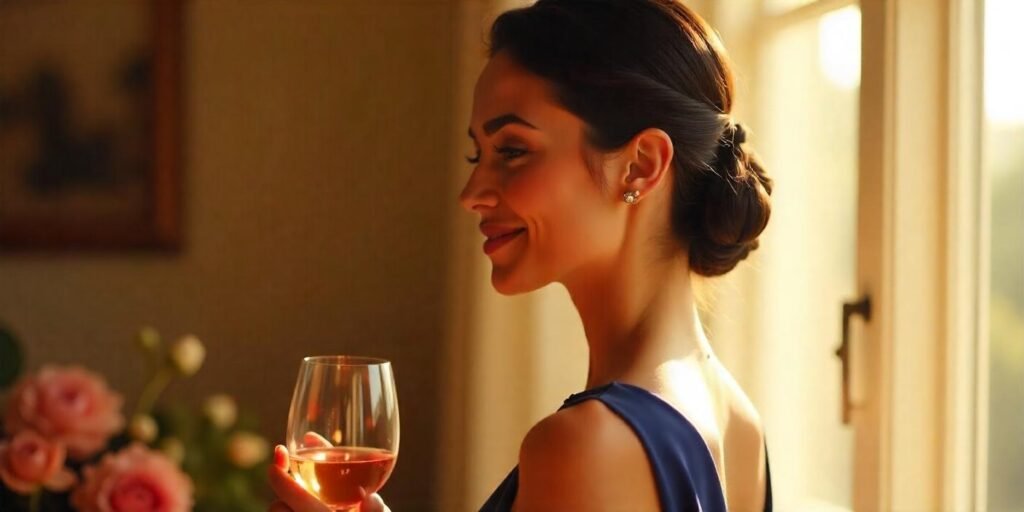 Polished peek-a-boo twist hairstyle with a sleek, glossy finish in formal dress, romantic background.