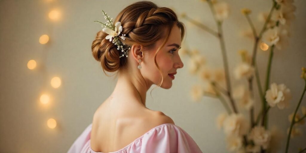 Classic twist updo with flower sprigs in soft pastel dress, romantic vibe