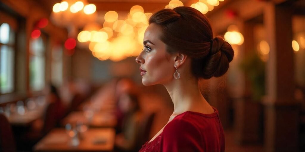 Realistic French Twist Updo hairstyle for holidays with a romantic setting
