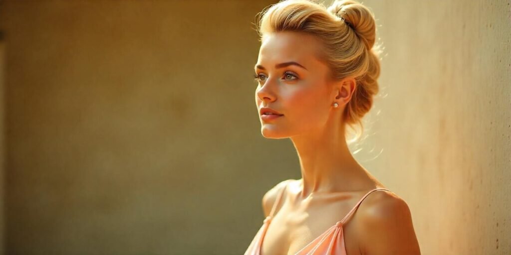 "Blonde Brigitte Bardot beehive updo hairstyle with elegant dress and romantic vibe"