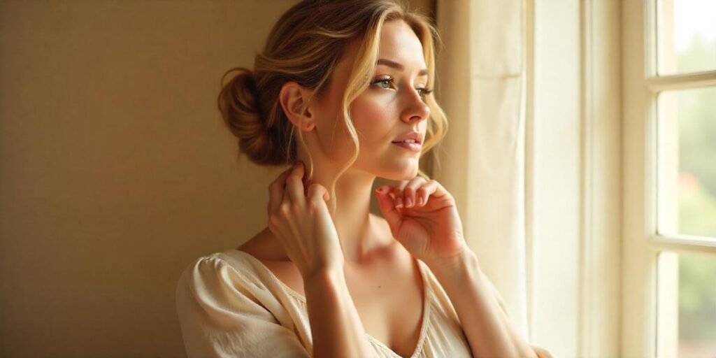 Woman with second-day hair styled in a messy casual French twist, wearing a light beige dress, in a romantic setting.