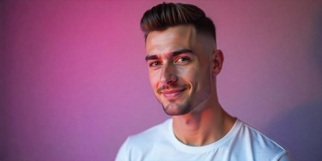 "Man with a skin fade haircut, confident expression, casual white t-shirt, romantic background."