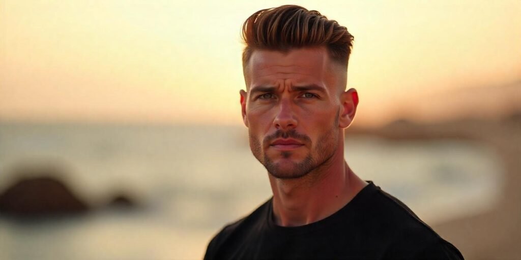 "Realistic photo of a young man with a skin fade haircut, showcasing a clean and sharp look."