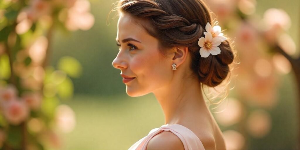 A romantic chignon hairstyle with a delicate flower accent, perfect for special events.