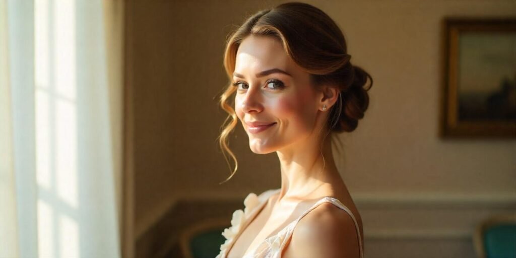 Elegant updo with balayage hair color, romantic dress, and soft background ambiance.