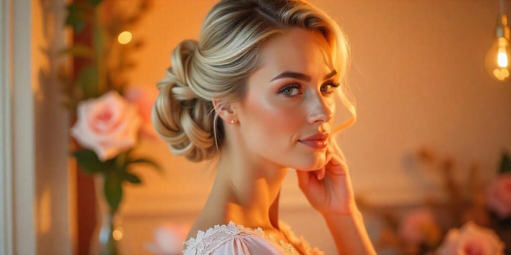 Graceful swoopy updo hairstyle with highlighted hair, pastel pink dress, romantic background, and natural neck.
