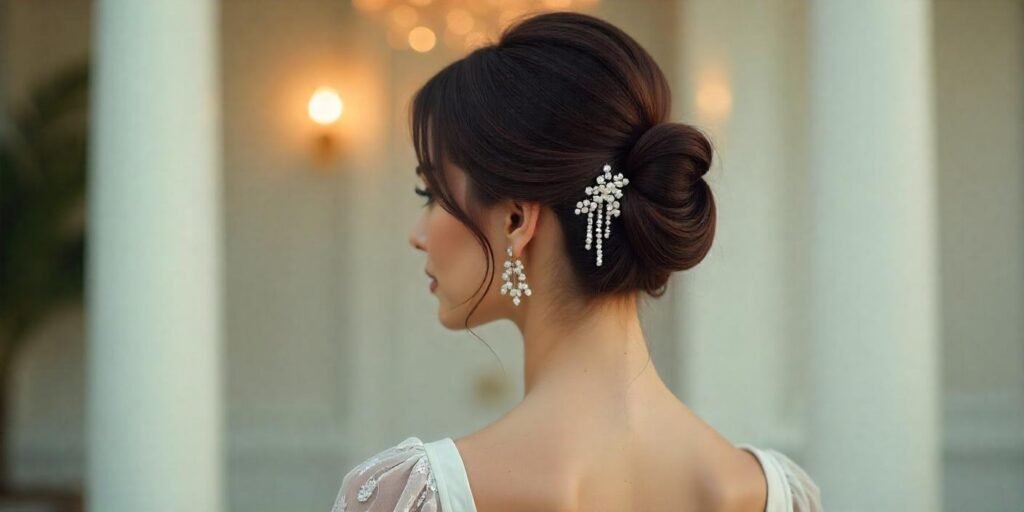 Sleek and sexy French twist hairstyle with subtle teasing, pinned hair, and dangling accessory in a romantic setting.