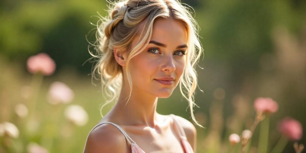 A woman with dirty blonde teased chunky twist hairstyle in soft pastel dress, with a romantic background and natural light.