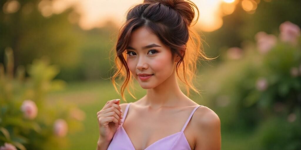 Casual disheveled updo hairstyle with a natural, romantic vibe and soft pastel dress