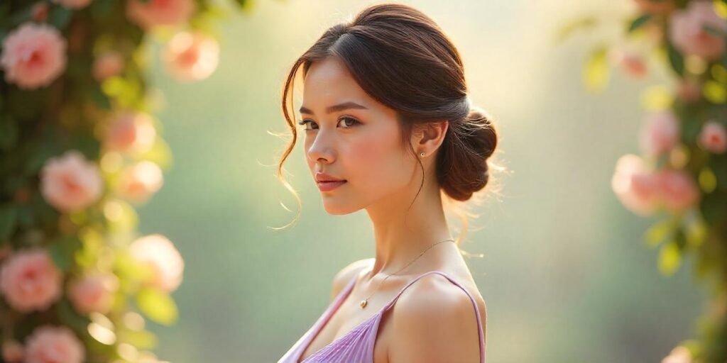 "Warrior Princess Updo hairstyle with soft lavender dress, romantic vibe and natural look."