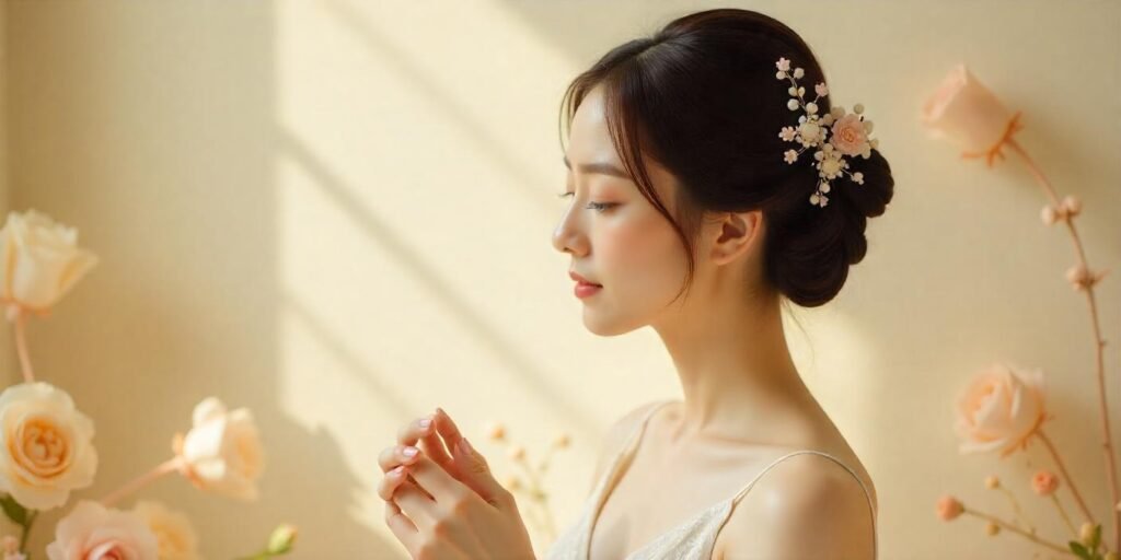 Non-Korean bride wearing traditional Korean hairstyle with binyeo and jokduri in a soft pastel wedding gown, set in a romantic background.