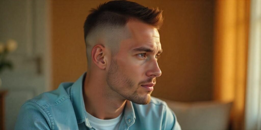 Buzz cut fade hairstyle for men, showing a clean fade and confident expression in a romantic setting.