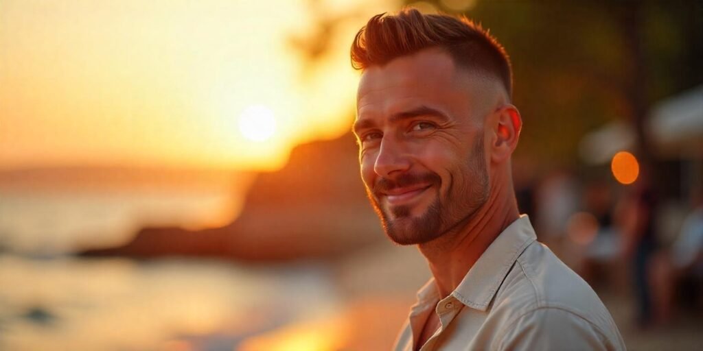 Buzz cut low fade hairstyle on a man with a relaxed smile, wearing a beige shirt, in a romantic outdoor setting.