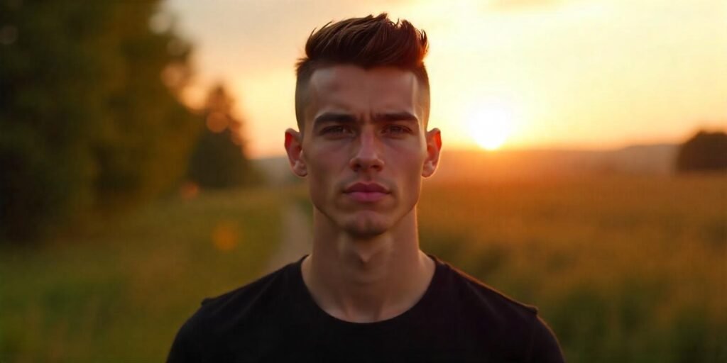 Man with buzzcut high fade hairstyle in a romantic outdoor setting during sunset.