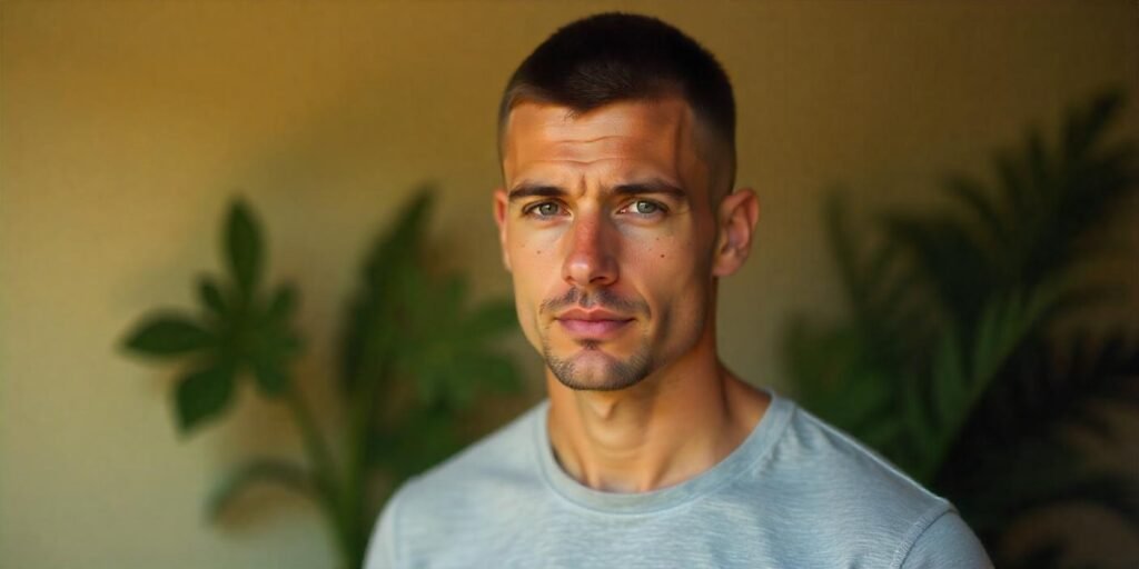 "Buzz cut medium hair style for men, clean and stylish look with a romantic vibe background."