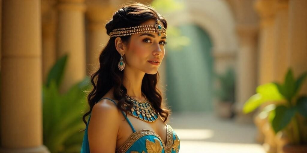 Ancient Egyptian woman with a luxurious wig, tight curls, and elaborate decorations, wearing a vibrant dress.