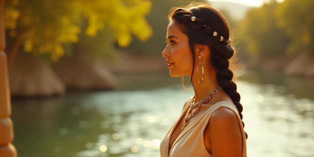 Realistic image of a woman with ancient Egyptian braids and plaits, dressed in earthy linen, set in a romantic outdoor scene