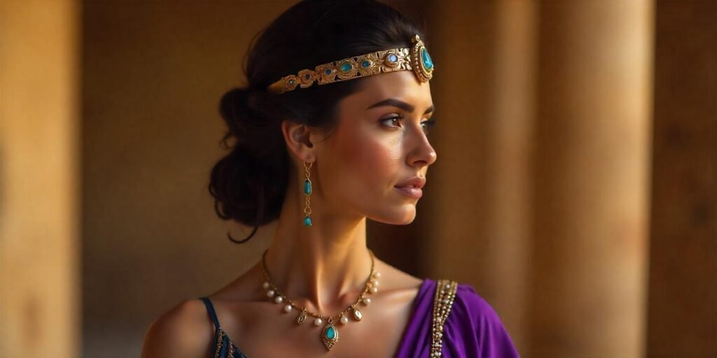 Ancient Egyptian queen with intricate updo, gold crown, royal purple gown, and romantic atmosphere