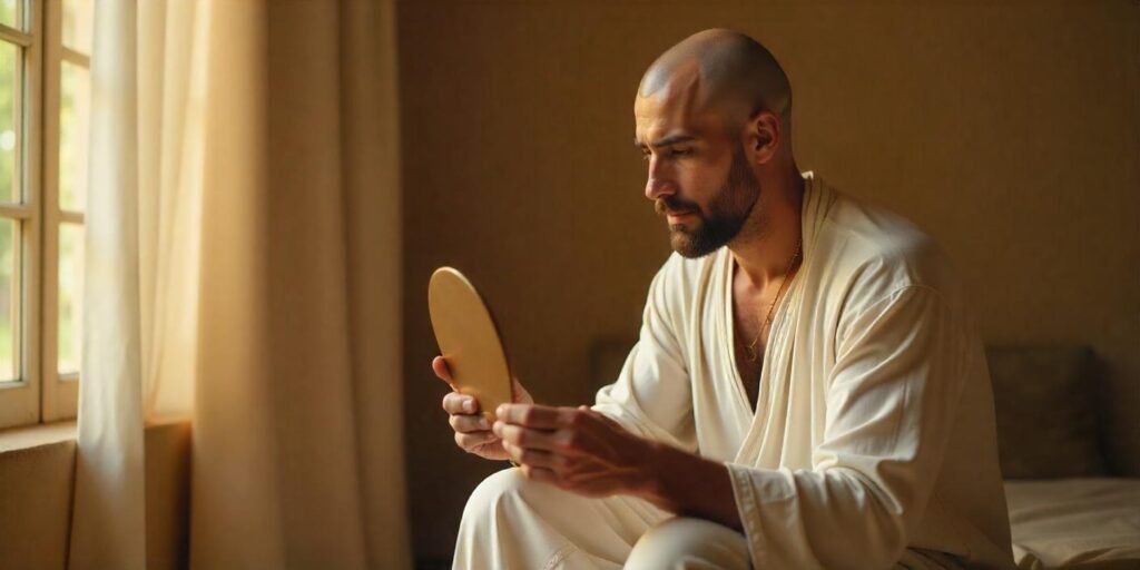 A real image of an ancient Egyptian man with a shaved head and clean-scraped face, performing grooming rituals in a serene setting.