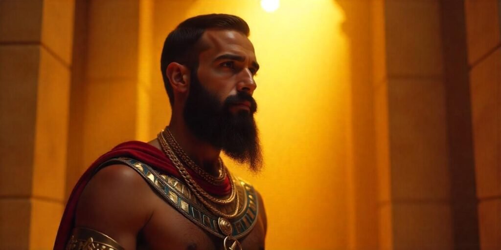 Realistic image of an ancient Egyptian man with a gold metal beard, royal attire, and romantic background.