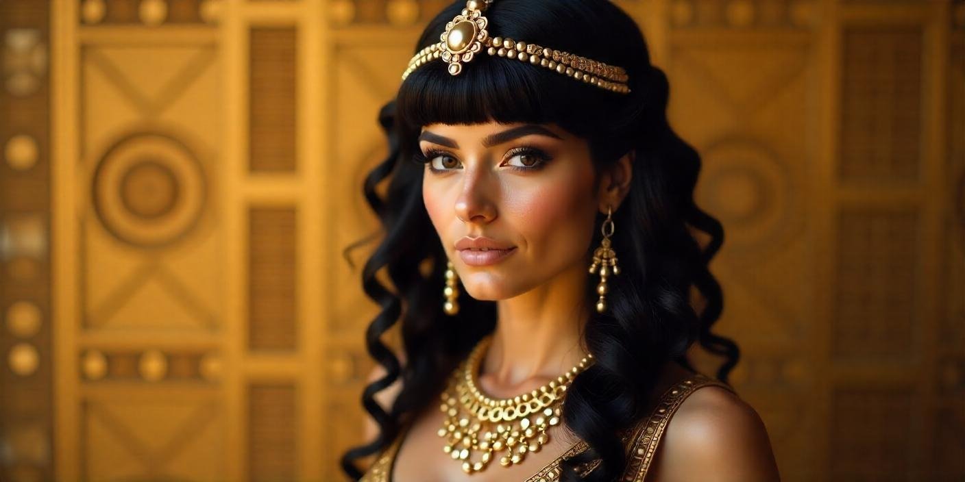 Woman wearing an Egyptian-inspired wig with gold beads and a royal headpiece, evoking Cleopatra’s style.