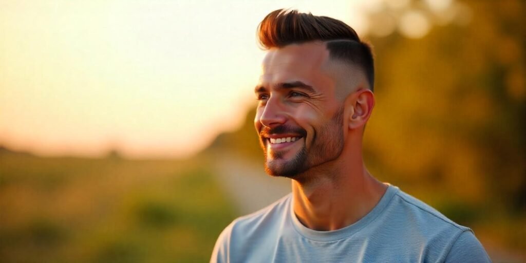 Realistic photo of a man with a long buzz cut, styled for a clean, textured finish with a relaxed vibe.