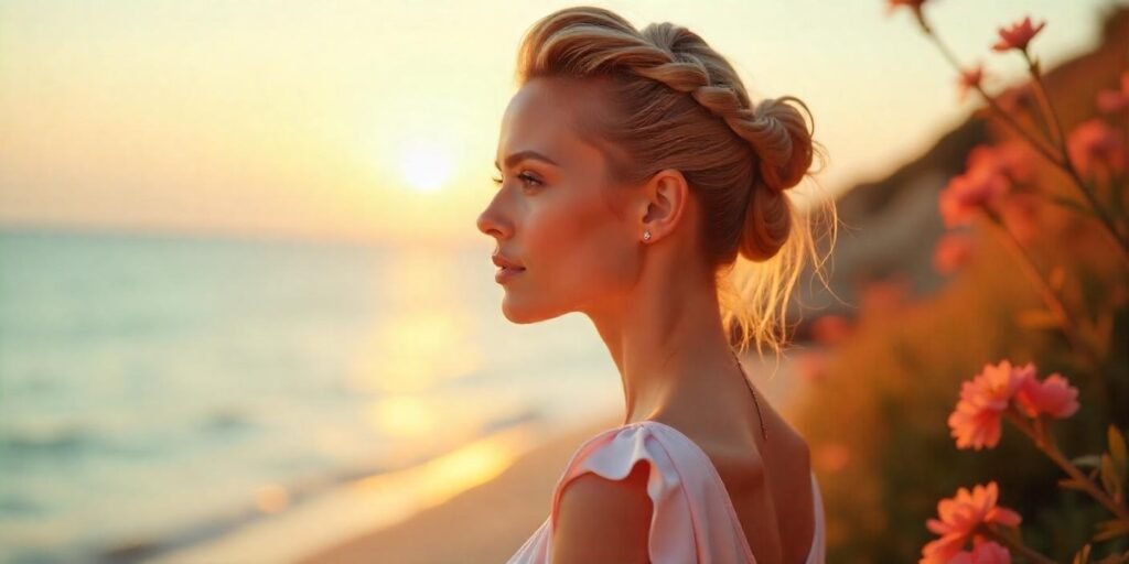 Realistic image of a woman with an asymmetrical twist hairstyle, light dress, romantic background