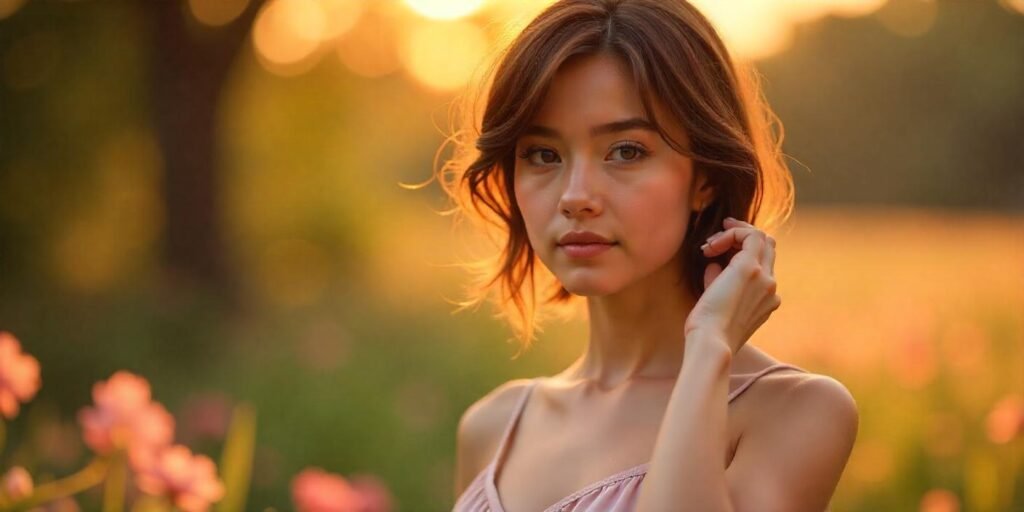 Romantic long pixie cut hairstyle on a woman in a pastel dress during golden hour