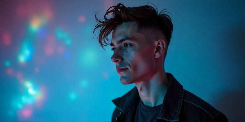 Dynamic detailing haircut for men with curved, intersecting lines creating a fluid, artistic look, set in a romantic atmosphere.