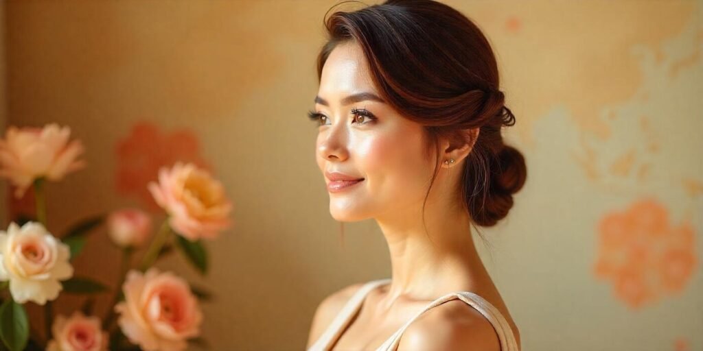 Sophisticated tight diagonal French twist hairstyle on light brown hair with romantic background and elegant dress.