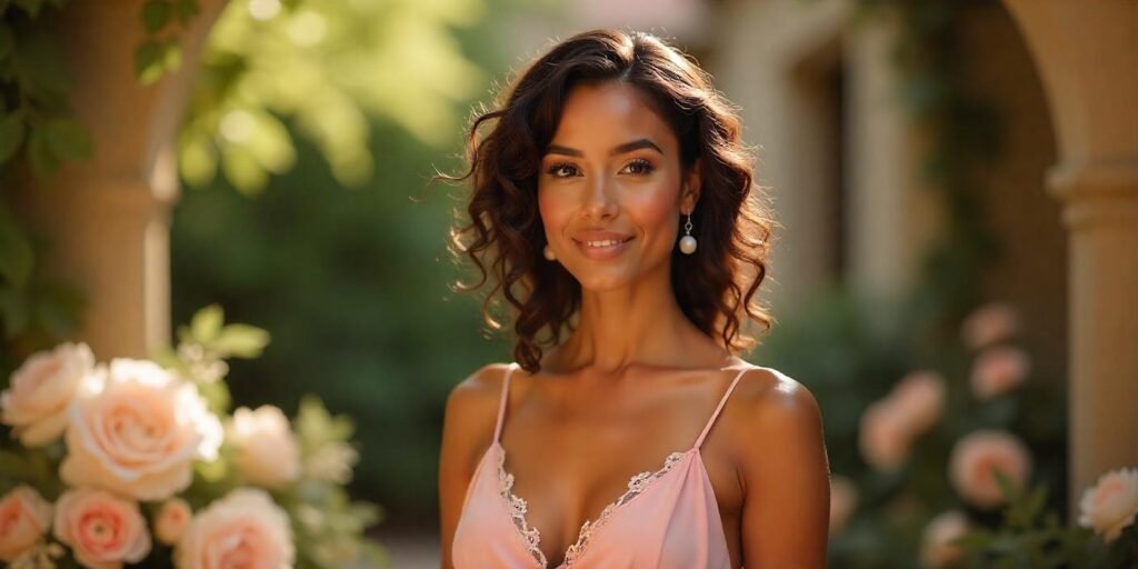 Romantic wavy hair twist with a light pink dress, natural relaxed finish, and romantic outdoor setting.
