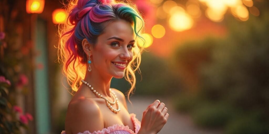 Funky vintage updo with vibrant pink, blue, green, and purple curls, woman in pastel dress, romantic outdoor background