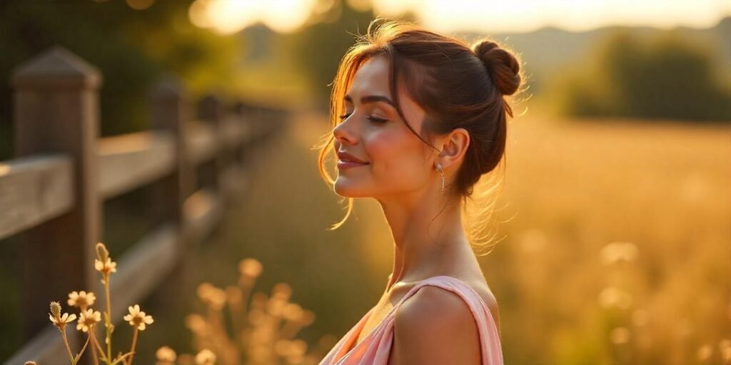 A woman with short, unkempt knot hairstyle in a pastel pink dress, standing in a romantic setting with wildflowers.