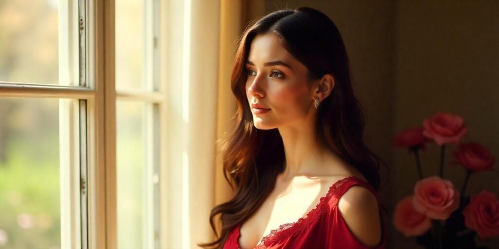 Romantic photoshoot featuring a woman with dark brown waves and a deep red dress in a soft, intimate setting