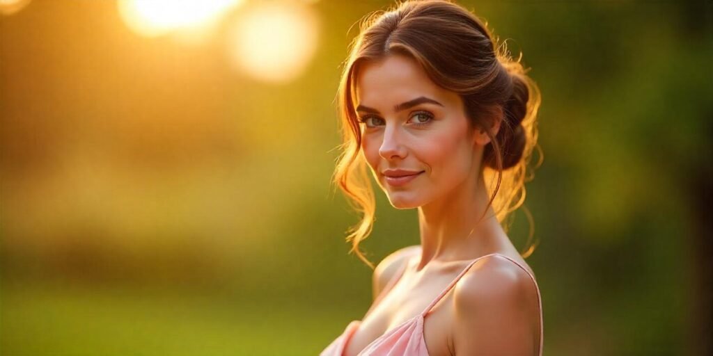 Woman with long-lasting hairstyle in a romantic outdoor setting, showing sleek updo and natural elegance.