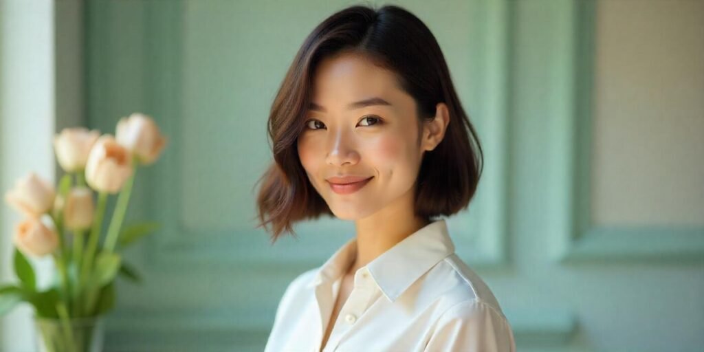 Professional woman with sleek bob hairstyle in white blouse for business headshot photoshoot