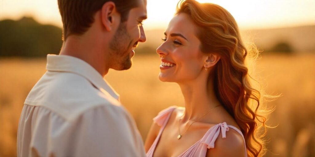 Engagement photoshoot with romantic loose curls, pastel dress, natural outdoor background